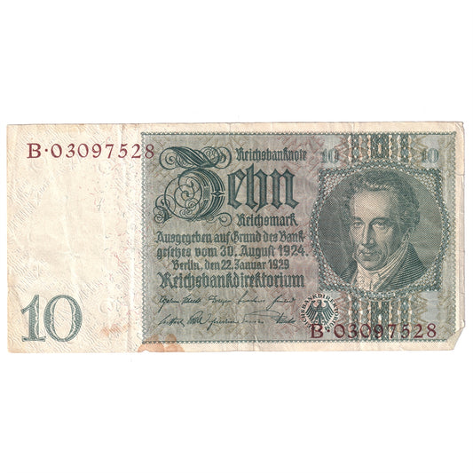 Germany Note, 1929 10 Reichsmark, Pick #180b, VF (Stain)