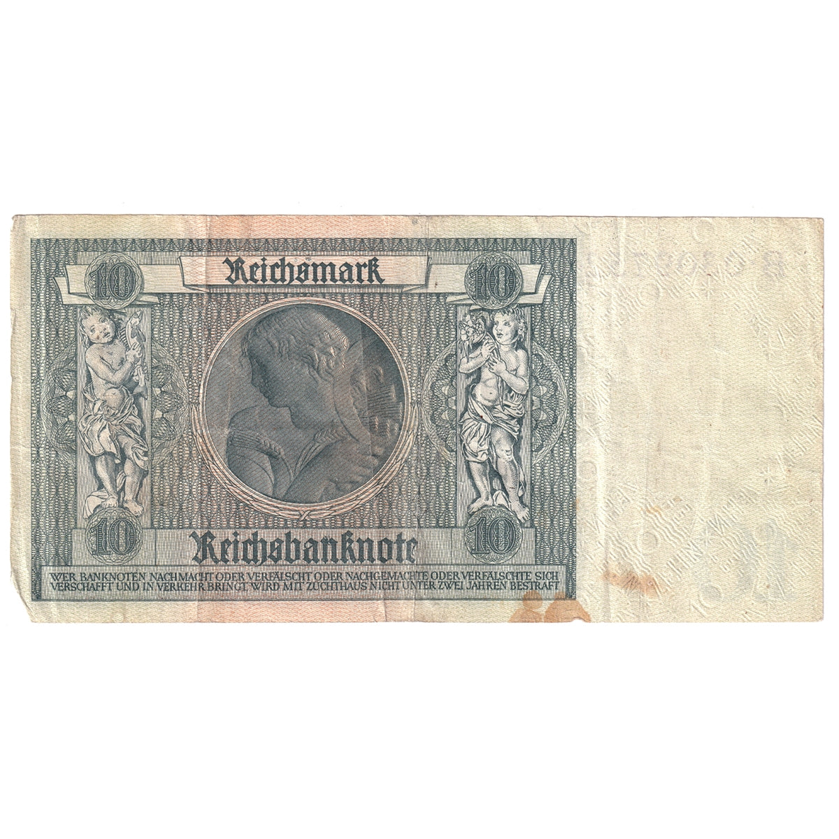 Germany Note, 1929 10 Reichsmark, Pick #180b, VF (Stain)