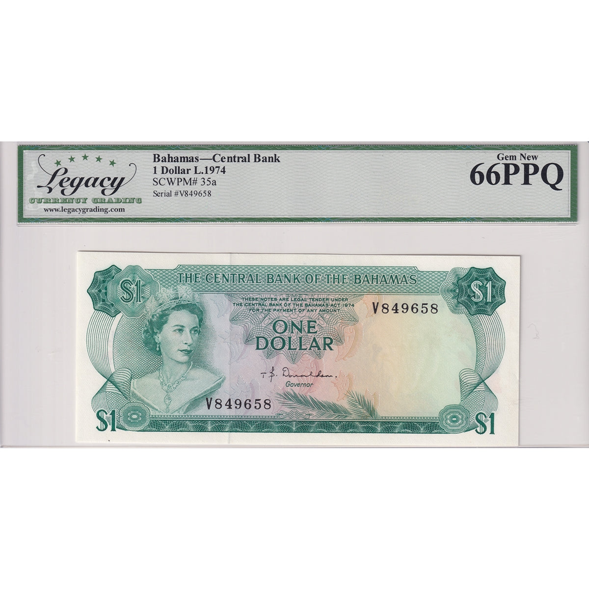 Bahamas Note, 1974 1 Dollar, Pick #35a, Legacy Certified GUNC-66 PPQ