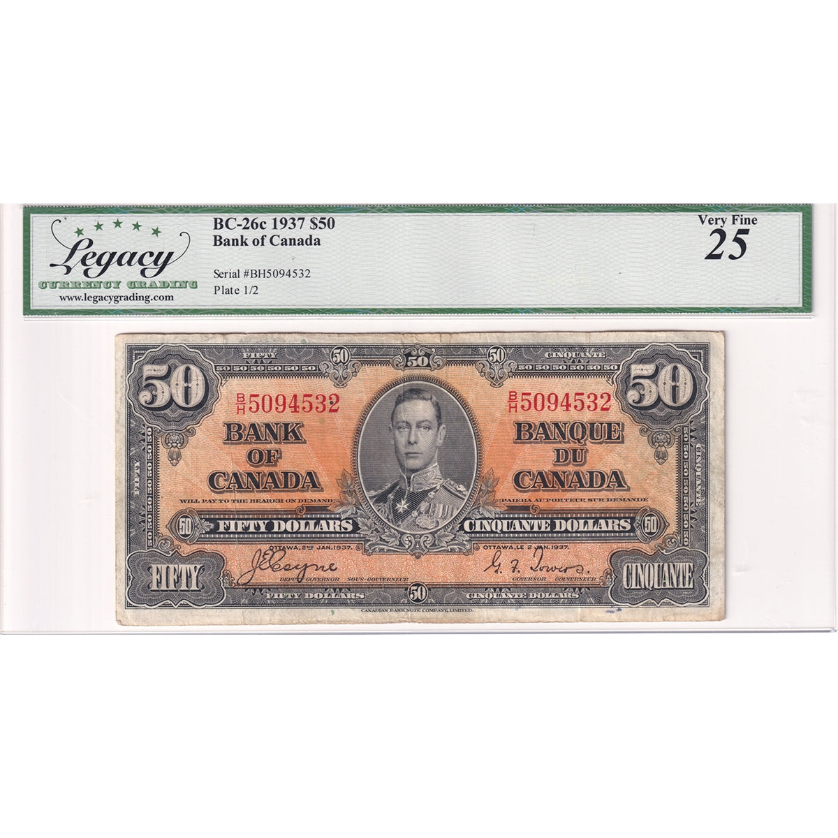 BC-26c 1937 Canada $50 Coyne-Towers, B/H, Legacy Certified VF-25 (Small Ink Marks)