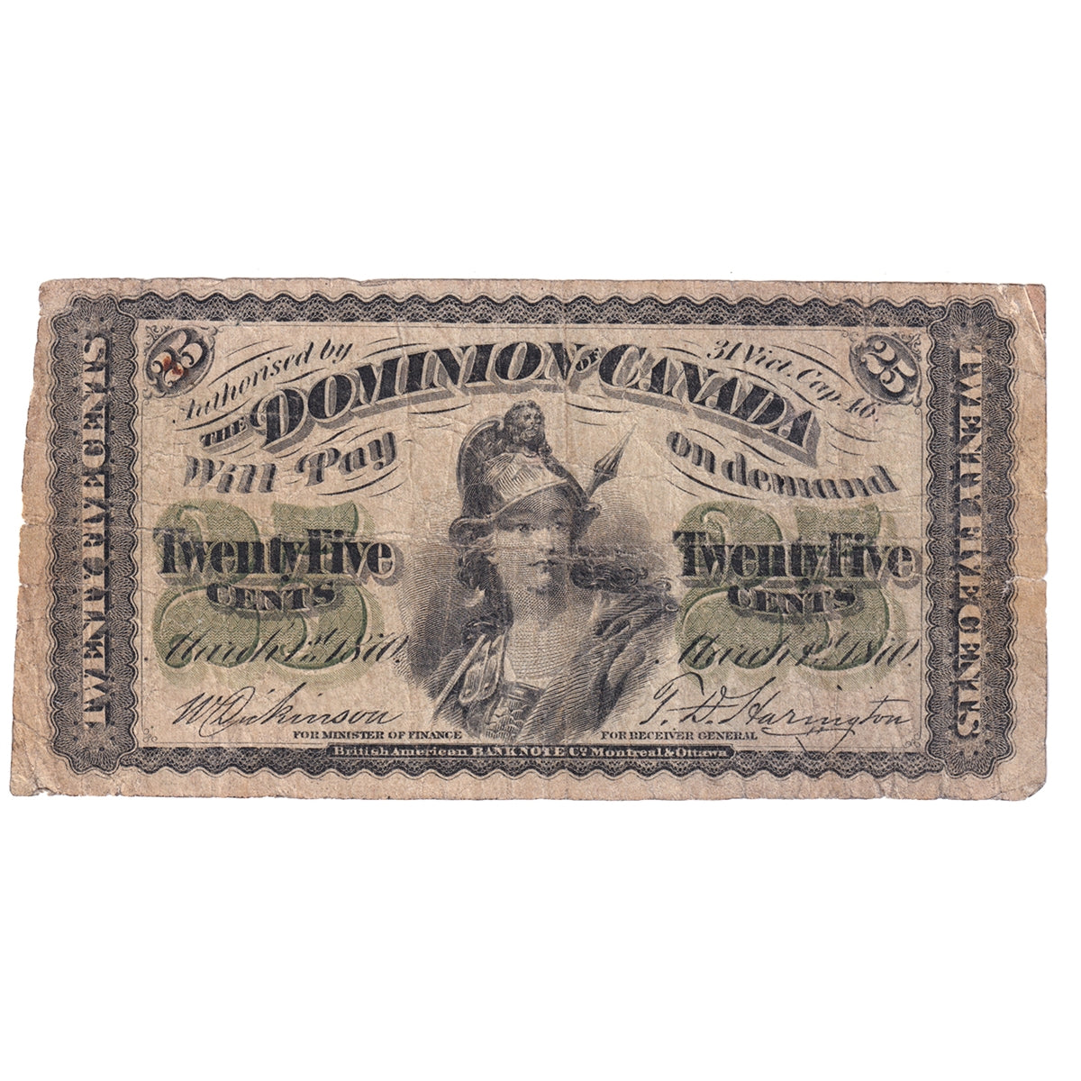 DC-1c 1870 Dominion 25-cent Shinplaster, Dickinson-Harington, Plain Series, F (Tear)