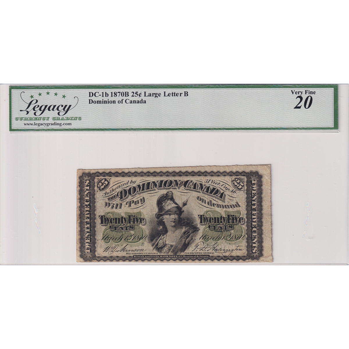 DC-1b 1870 Dominion 25-cent Shinplaster, D-H, Large B, Legacy Cert. VF-20 (Pinholes)