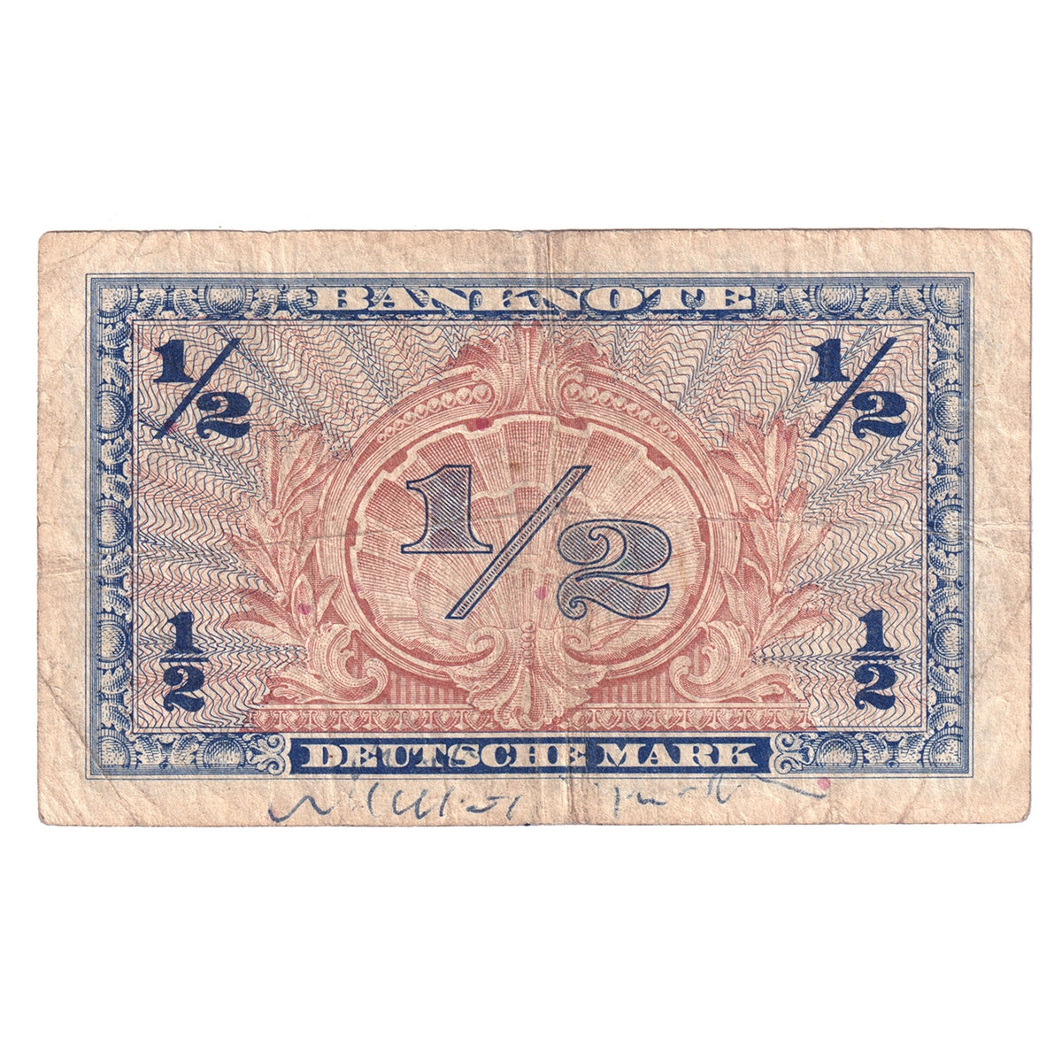 Germany Note, 1948 1/2 Deutsche Mark, Pick #1a, VF (Writing)