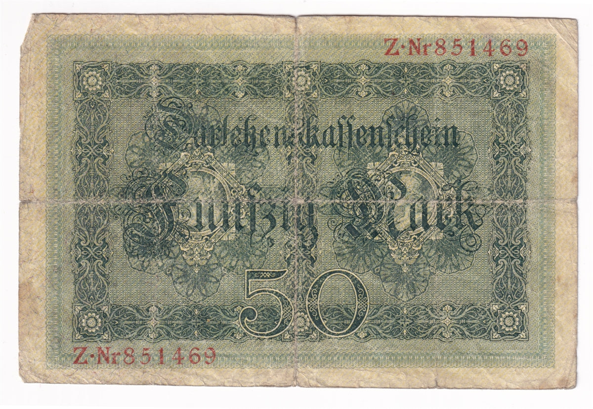 Germany Note 1914 50 Mark, 6 Digit Serial Number, VG (Damaged)