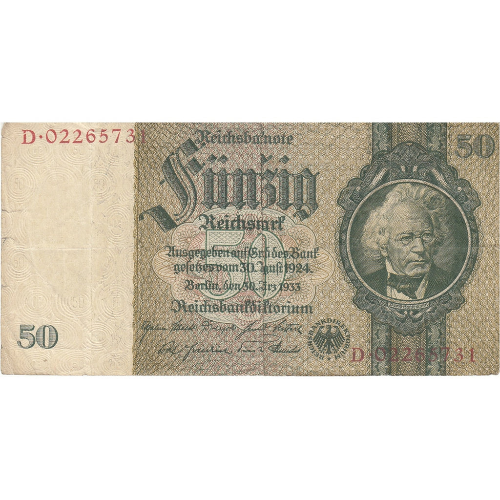 Germany Note 1933 50 Reichsmark Without Under, F-VF (tears)