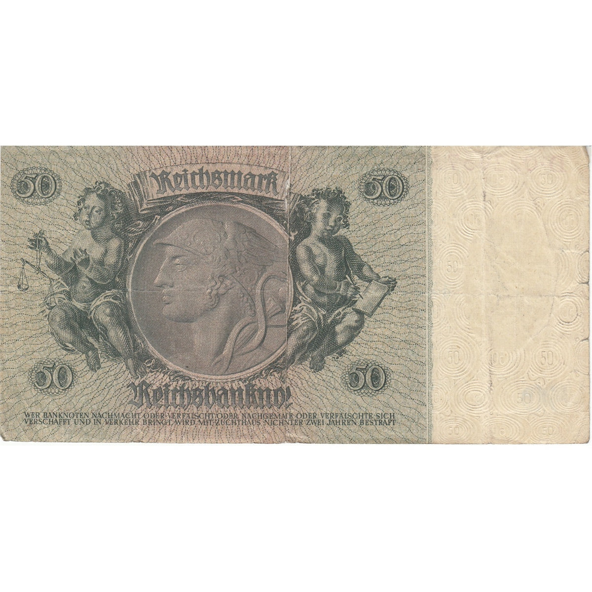 Germany Note 1933 50 Reichsmark Without Under, F-VF (tears)