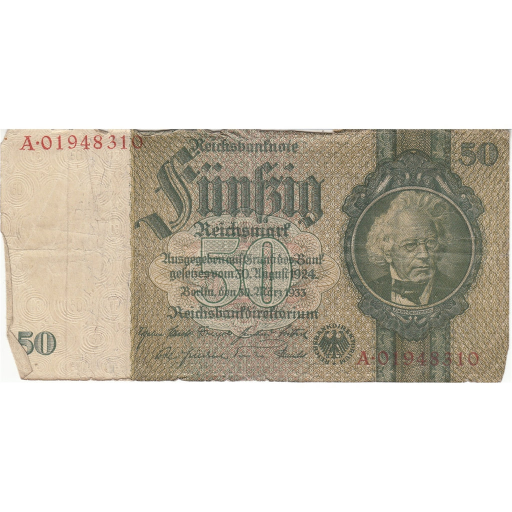 Germany Note 1933 50 Reichsmark without Under, VG-F (tears)