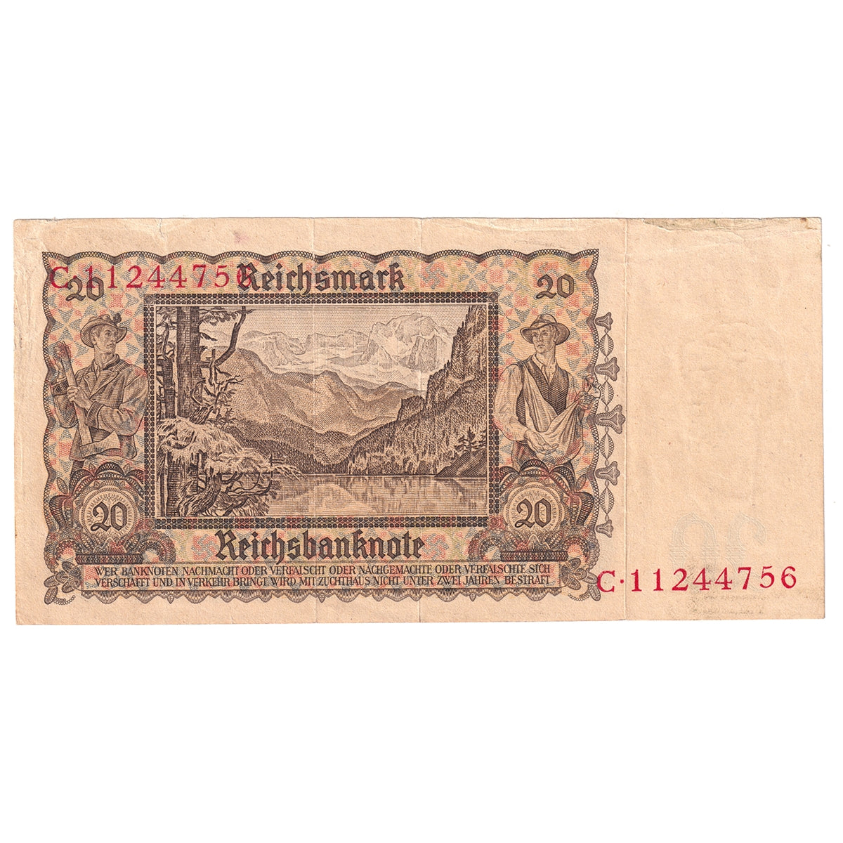 Germany 1939 20 Reichsmark Note, Pick #185, EF (Tear)