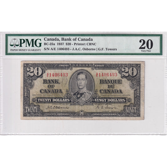 BC-25a 1937 Canada $20 Osborne-Towers, A/E, PMG Certified VF-20 (Annotation)