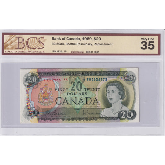 BC-50aA 1969 Canada $20 Beattie-Rasm., Replacement, *EM, BCS Cert. VF-35 (Minor Tear)