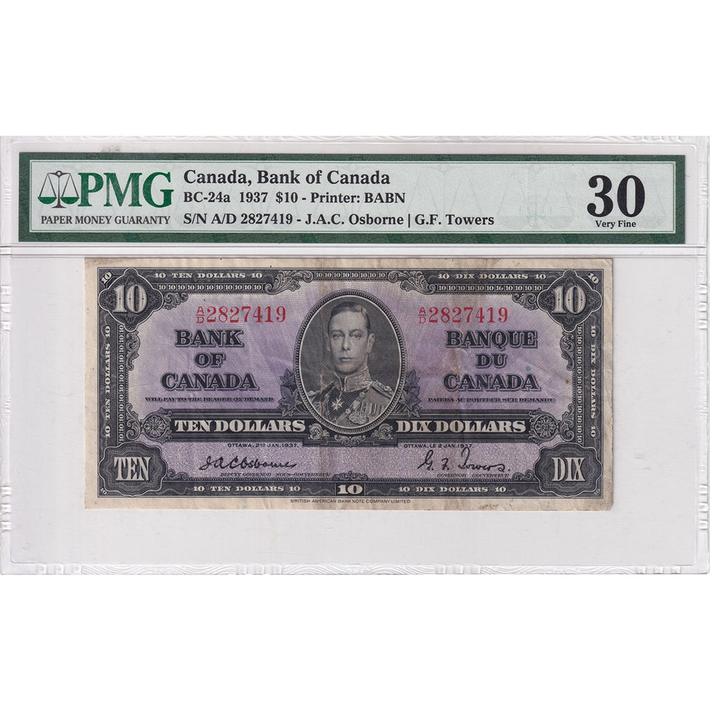 BC-24a 1937 Canada $10 Osborne-Towers, A/D, PMG Certified VF-30