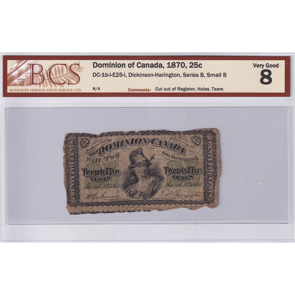 DC-1b-i-E25-i 1870 Dominion 25-cent Shinplaster, BCS VG-8 (Out of Register, Issues)