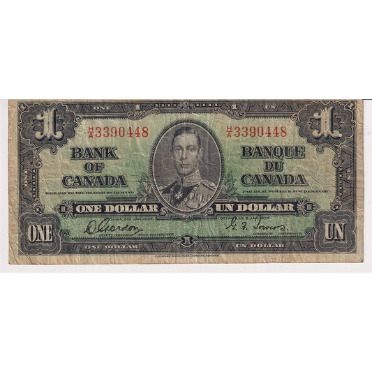 BC-21b 1937 Canada $1 Gordon-Towers, Narrow Panel, H/A, Fine