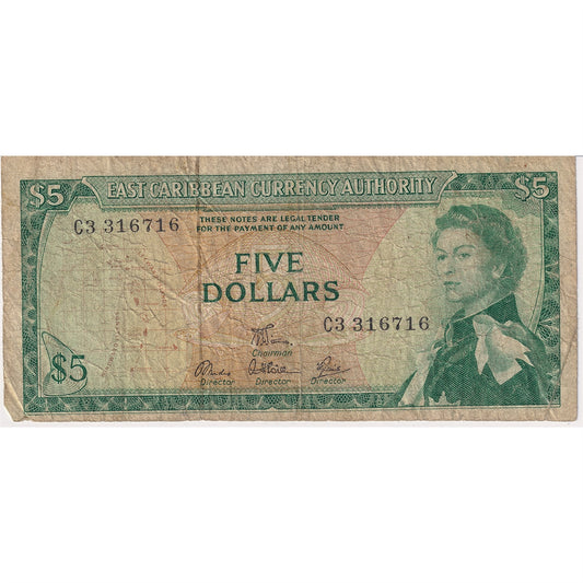 East Caribbean States 1965 5 Dollar Note, Pick #14e, Signature 6, Circ