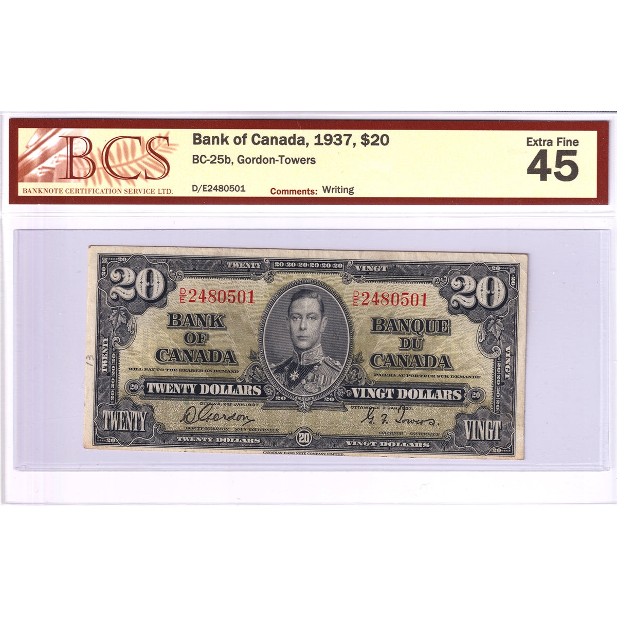 BC-25b 1937 Canada $20 Gordon-Towers, D/E, BCS Certified EF-45 (Writing)