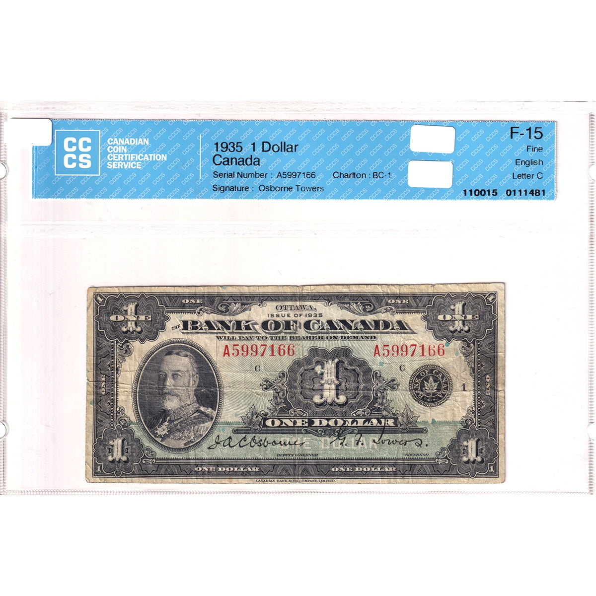 BC-1 1935 Canada $1 Osborne-Towers, English, Series A, Check C, CCCS Certified F-15