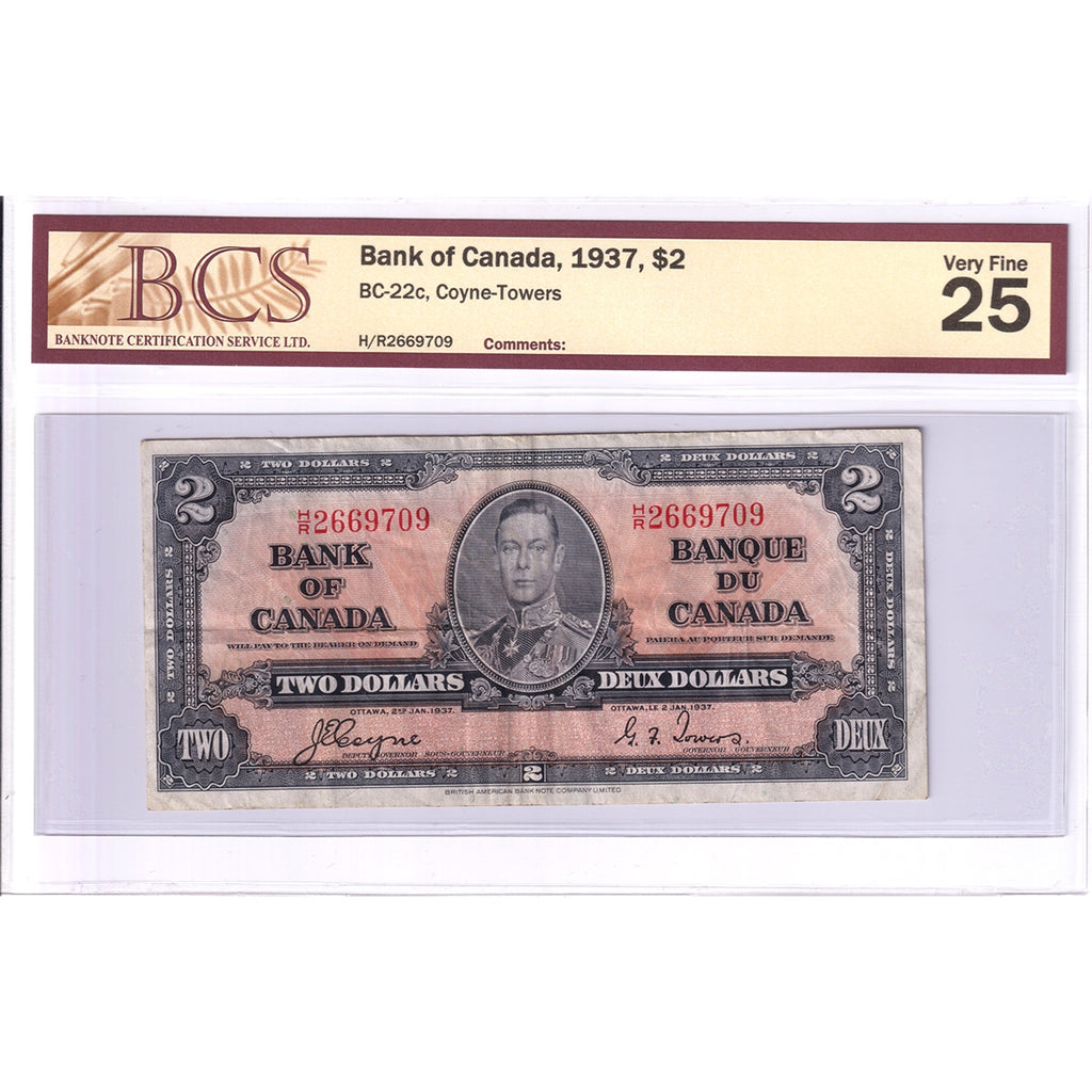 BC-22c 1937 Canada $2 Coyne-Towers, H/R, BCS Certified VF-25