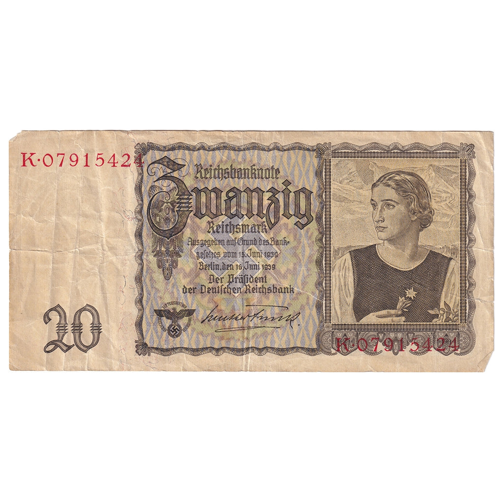 Germany 1939 20 Reichsmark Note, Pick #185, VF (Damaged)