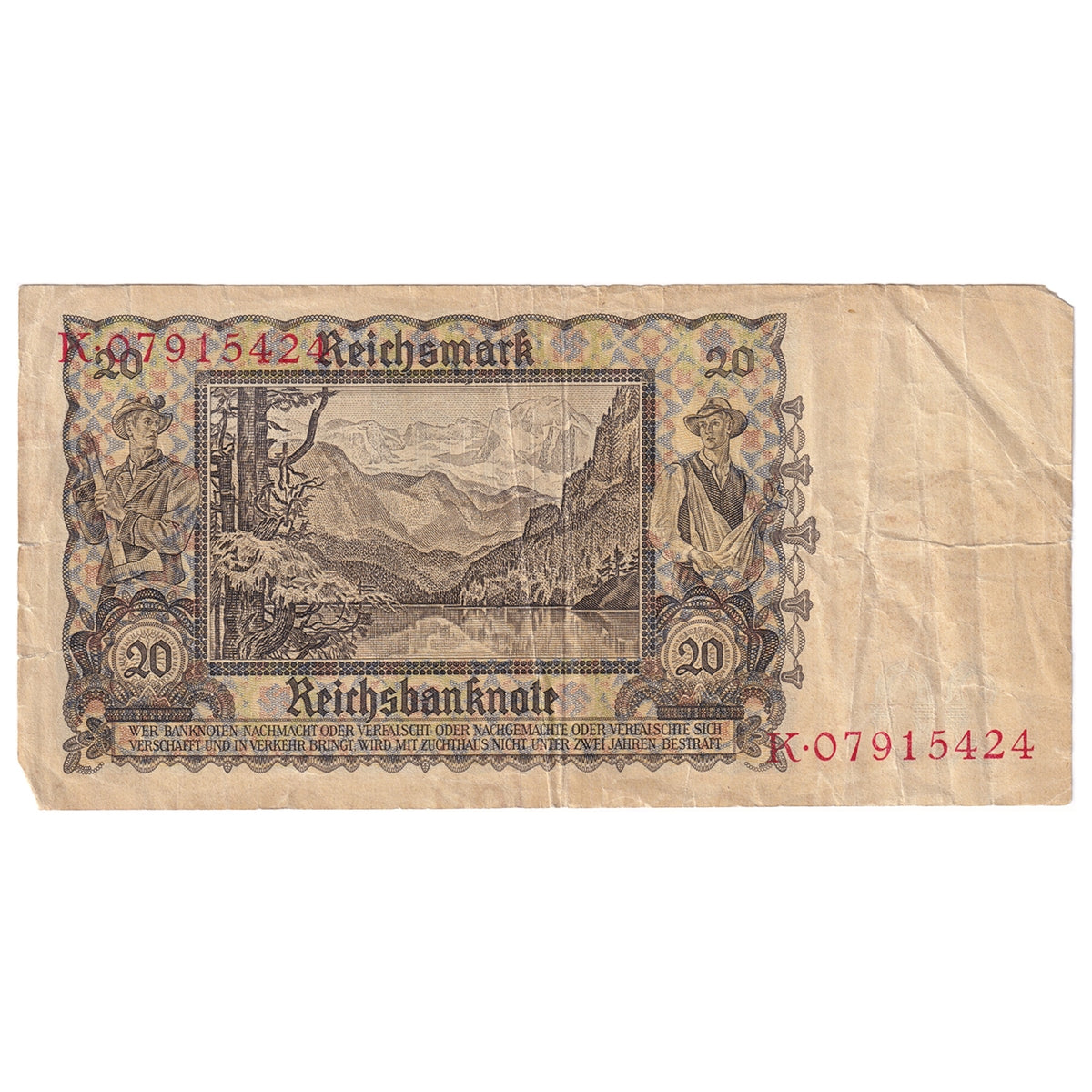 Germany 1939 20 Reichsmark Note, Pick #185, VF (Damaged)